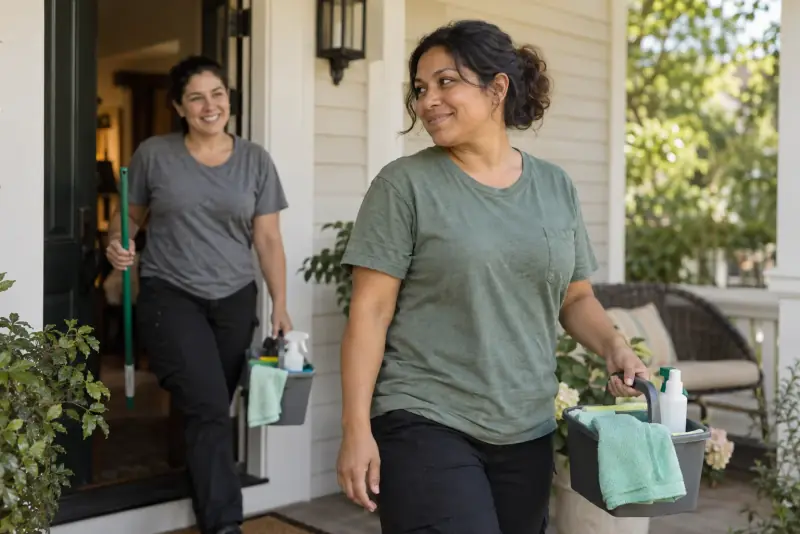 Two cleaners leaving a house carrying cleaning supplies